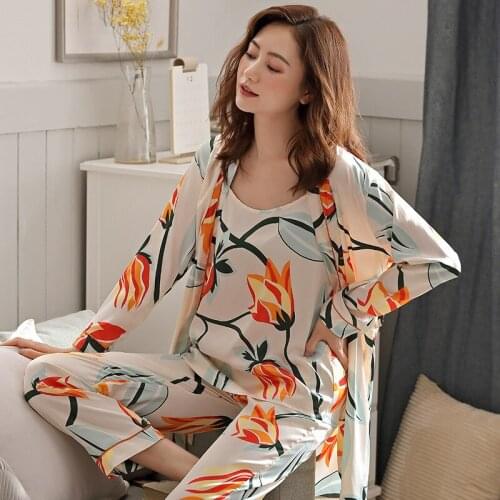 Women Pajamas Sets With Pants 3 Pieces Silk Thin Nightwear Pijama Home Clothes Satin Fashion Flower Print Pijama Sleepwear