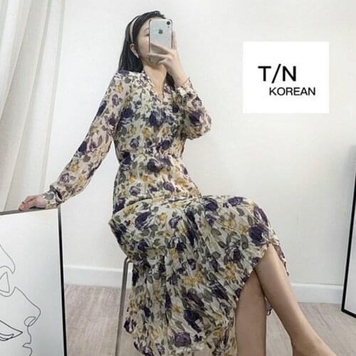 Women Dresses Womens Long-Sleeved Floral Dress Autumn Fishtail Slim-Fit Midi Dress V-neck Pleated Skirt Vestido De Mujer