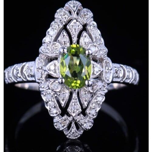 HELON 1.1ct Genuine Natural Peridot & Diamond Women Engagement Ring 925 Sterling Silver Vintage Ring 7x5mm Oval Natural Peridot