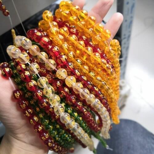 Gold Printing Mantra Black Obsidian Carved Buddha Lucky Amulet Round Beads White Yellow Red Green Glass beads for Jewelry Making