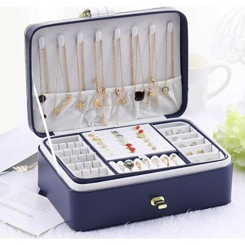 Hot Large Two Layer Studs Jewelry Organizer Box with 56 Stud Jacks Smooth Leather Jewelry Storage Case Display Holder with Lock