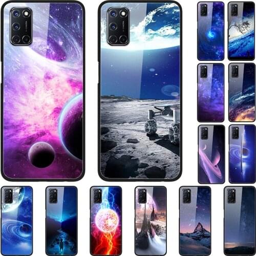 Case For OPPO A52 Back Phone Cover Black Silicone Bumper With Tempered Glass Star Sky Series