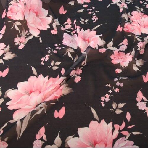 Black Soft Floral Printed Flower Silky Chiffon Fabric Tulle Fabric for Summer Dress,Shirts,Beige Blue Pink Green by the meter