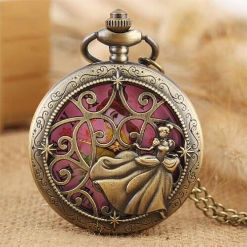 Dancing Princess Design Quartz Pocket Watch Exquisite Bronze Necklace Watch for Girl Ladies Roman Numerals Display Round Dial