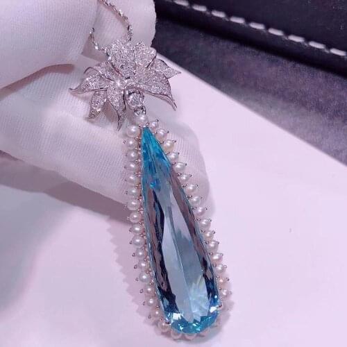 H725 Fine Jewelry 18K White Gold AU750 Natural Blue Aquamarine 12.1ct Gemstones Diamonds Ladys Pendants for Women Fine Necklace
