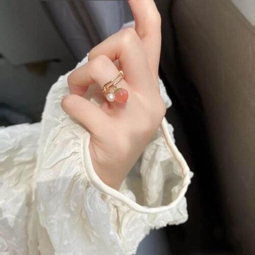 Natural Stone Ring Agate Cherry Pendant Adjustable Ring Wedding 14KGold Filled Pearl Ring Lady Jewelry Handmade Accessories Gift