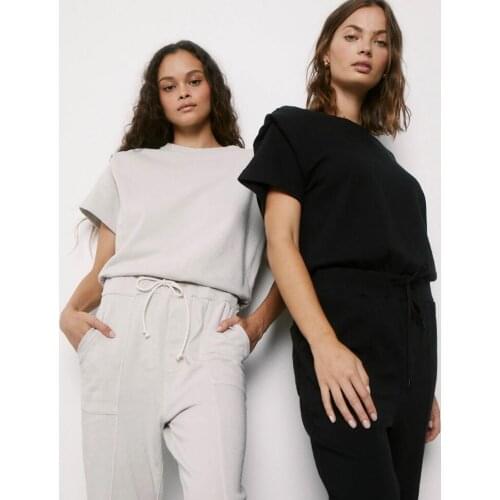Streetstylish Black/Oyster Grey/Mauve Pleated Sleeve Cotton Terry Jumpsuit Sporty Chic Elastic Drawstring Waistband Zip Overalls
