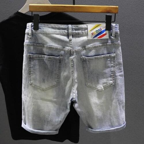 Men Light Blue Denim Shorts Elastic Casual Shorts Jeans High Quality Male Stretch Cotton Denim Jeans Shorts Knee Length Jeans