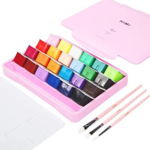 MIYA HIMI Gouache Paint Set 18/24 Colorsx30ml Unique Jelly Cup With 3Pcs Paint Brushes,Portable Case with Palette for Artists