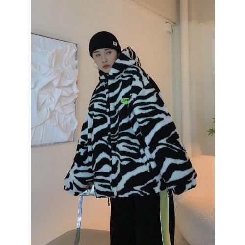Zebra pattern lamb wool coats women winter oversize casual hip hop plush cotton coat ins fashion jacketss