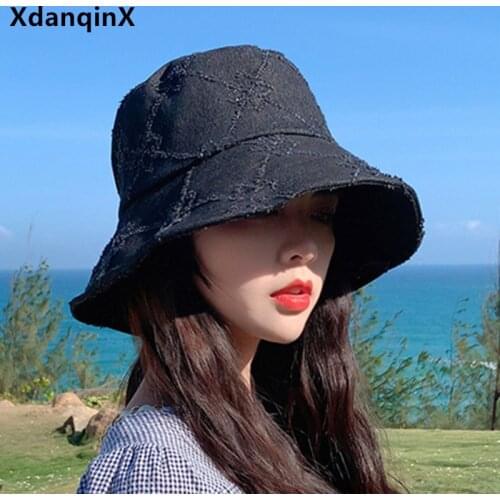XdanqinX New Spring And Summer Retro Denim Bucket Hat Foldable Womens Panama Hat Washable Casual Sunscreen Tourist Beach Hats
