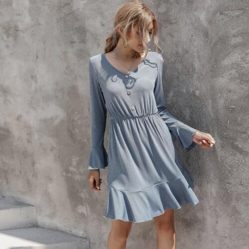 V-Neck Long Sleeve Dresses for Women 2021 Autumn Winter New Female Solid Waist Ruffle Mini Dress Elegant Casual Plus Size Robe