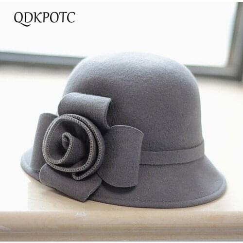QDKPOTC 2018 New Women Wool Fedora Hat Autumn Winter Noble Elegant Flower Caps Girls Fashion Felt Cap Ladies Bucket Hats