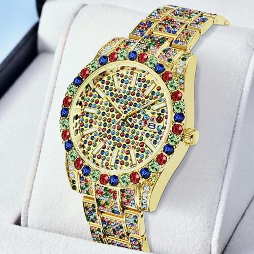 Reloj Hombre 2021 Men Watches Luxury Ice Out Rainbow Diamond Gold Steel Quartz Watch Man Male Clock Waterproof Hour Droshipping
