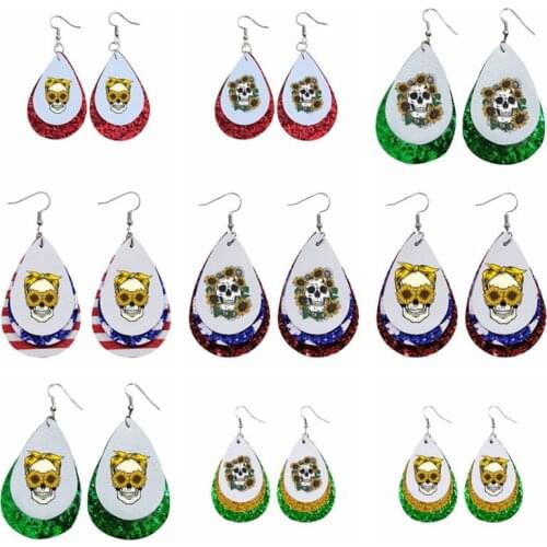 Skull Teadrop Earrings Sunflowers Skull Earrings Faux Leather Earrings Layers Earrings
