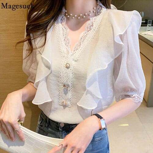 V-neck Ruffle stitching Chiffon Blouse 2021 Summer New Women Tops and Blouses Shirt Lace Sweet Short Sleeve Clothes Blusas 15775