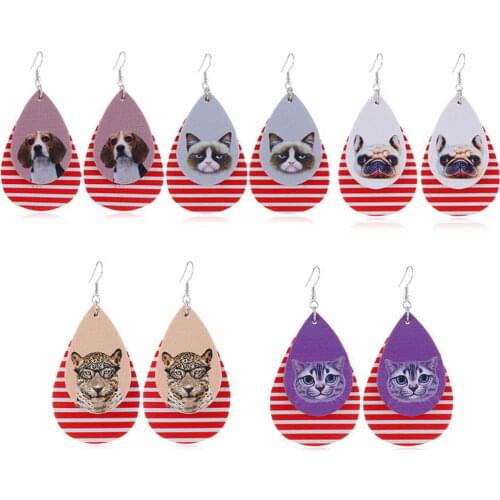 Cute Pet Head Figure Teardrop PU Leather Drop Earrings Stripes Vegan Leather Earrings