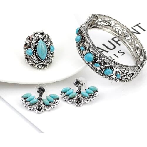 SUNSPICEMS Antique Silver Color Cuff Bracelet Ring Earring Set Green Stone Mosaic Rhinestone Bohemia Party Jewelry Bridal Gift