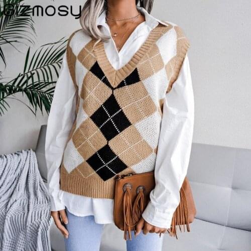 Gizmosy Knitted Sweaters Women Fashion 2021 Autumn Winter College V-neck Casual Plaid Sweater Vest Women Loose Knit Pullovers