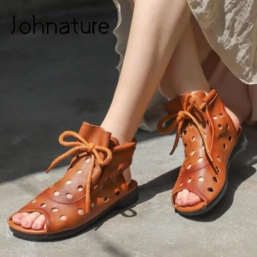 Johnature 2020 New Ankle Boots For Women Shoes Genuine Leather Lace-up Round Toe Women Boots Sewing Handmade Ladies Boots