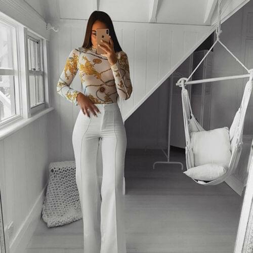 Hot Spring And Summer Ladies See-Through High-Necked Top, Sexy Floral Print Long-Sleeved Pullover Casual Slim Tight Shirt