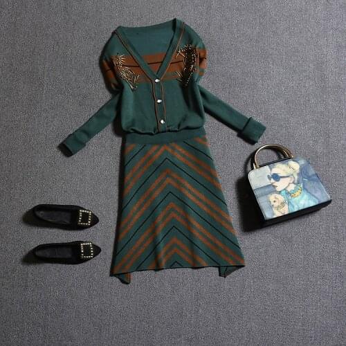 Amolapha Women Knit V Neck Cardigans+Skirts 2PCS Set Long Sleeve Single Breasted Shirts Striped Skirt Suits for Woman