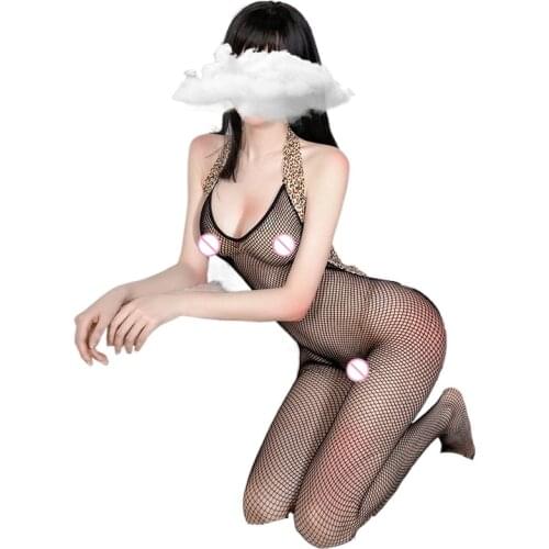 Lolita Cosplay Sexy Lingerie Womens Hollow Perspective Leopard Print Mesh Stitching Halter Neck Jumpsuit Bodysuit Exotic Apparel