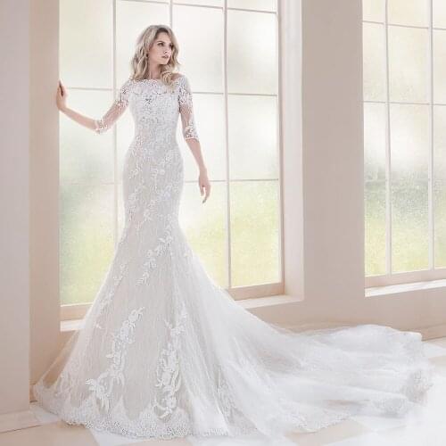 2 Pieces Mermaid Wedding Dresses With Half Sleeve Shwal Vestido De Novia Sirena Appliques Lace Trumpet Wedding Gowns Elegant