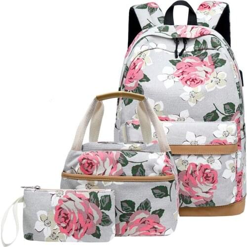3 in One New Floral Stylish Printed Backpack for women With USB Student Canvas School Bag Three-piece Set Mommy Bags