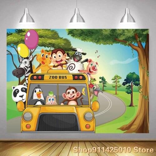 Cartoon Zoo Bus Happy Animal Background Boy Birthday Party Decoration Photography Studio Photos Children Room Ornament Backdrop