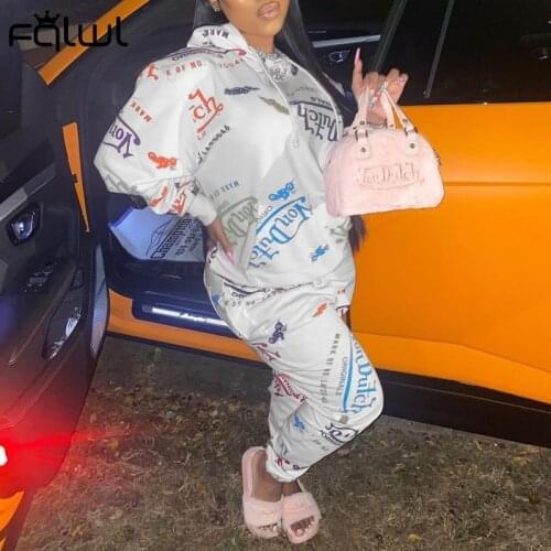 FQLWL Letter Print Streetwear Loose Two 2 Piece Set Women Outfits Ladies Tracksuits Female Oversized Hoodies Pants Women Joggers