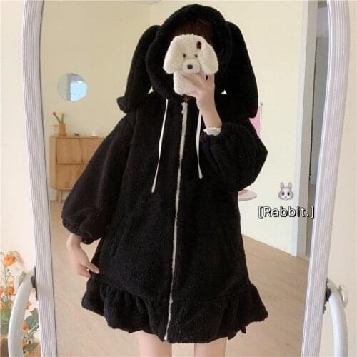 Kawaii Rabbit Ear Knitting Hoodie Clothes Harajuku Aesthetic Zipper Black Tops Hoodies Women Lolita Sweet Girl Loose Sweatshirt