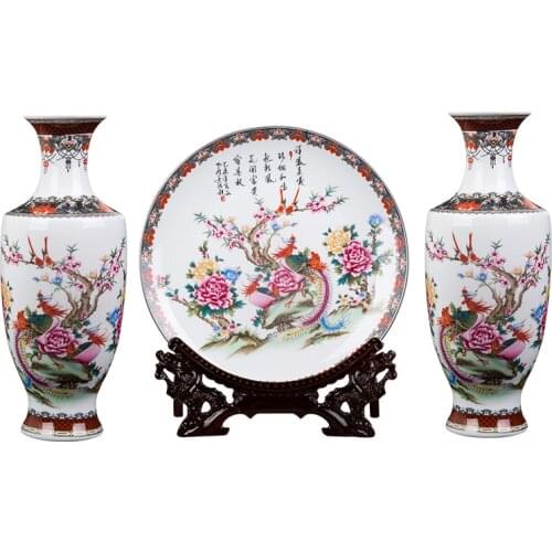 Auspicious Phoenix Vase Jingdezhen Ceramic Three Piece Vase Home Decoration TV Cabinet Chinese Porcelain Vase Living Room