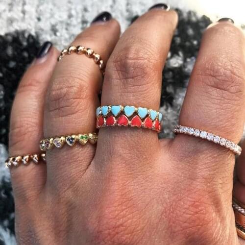 Cute lovely enamel heart band ring Gold filled pink blue red colorful bands women lady fashion finger rings