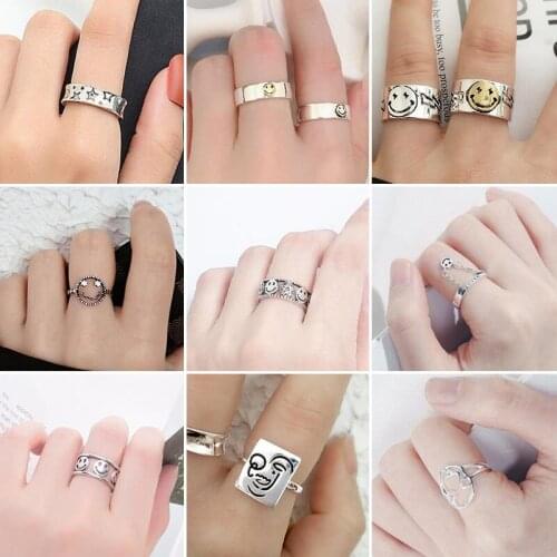 Ancient Silver Color Happy Smile Face Open Ring For Women Hollow Cute Simple Multi Smiley Faces Adjustable Rings Jewelry