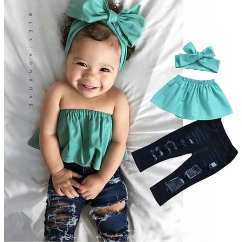 Baby Girl Summer Clothing 3 Pcs Outfit Clothes Cute Baby Sunflower Top Denim Hole Pants Trousers Fashion Casual Suit