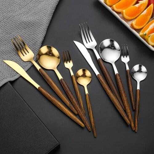 Visual Touch Luxury Silverware Wooden Handle Gold Silver Dinner Flatware Set Dessert Spoon Fork Knife Sets for Home Commercial
