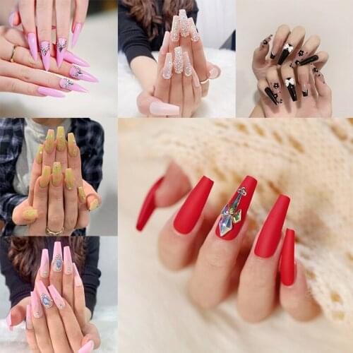 False Nails Long Coffin Ballerina Rhinestone Shiny French Fake Nail Press On Nail Tips Crystal Artificial Fake Nails Z160