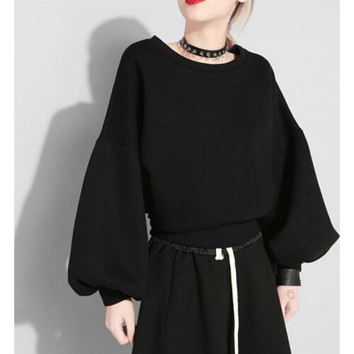 2020 New Autumn Winter Hoodies Women Japan O Neck Latern Long Sleeve Solid Black Back Bandage Bow Loose Sweatshirt Fashion