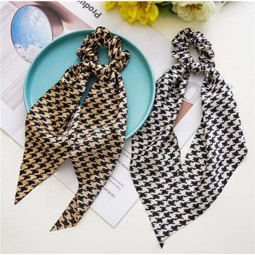Summer New Womens Large Intestine Hair Ring Satin Houndstooth Square Scarf Knot Ribbon Hair Rope Bun Ornament