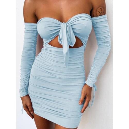 Off Shoulder Mini Bodycon Dress Bow Cut Ruched Long Sleeve Autumn Winter Dress Backless Club Sexy Party Dress