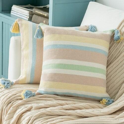 Stripe cushion cover 45x45cm Cotton Woven pillow cover pastel Handmade Tassels for Home decoration Sofa Bed Living Room Bed Room