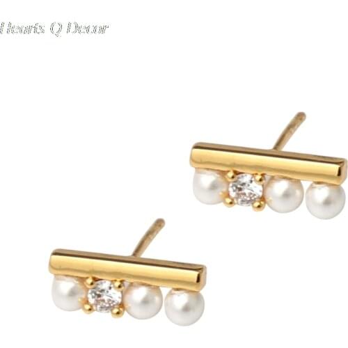 Titanium Balance Bar Pearl Zircon Stud Earrings Punk Party Gown Boho Brincos Runway rare Boucle d'oreille Korean Japan Style