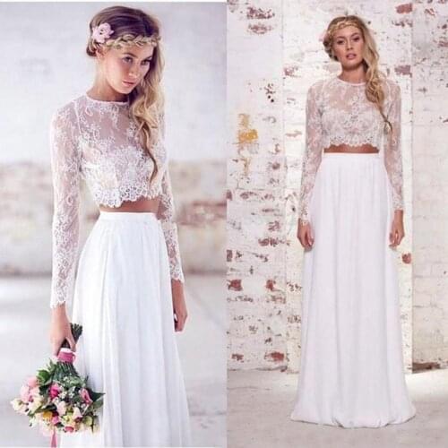 2020 Two Pieces Crop Top Beach Bohemian Wedding Dresses Chiffon Ruched Floor Length Wedding Gowns Lace Long Sleeve Bridal Dress