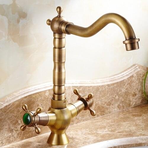 Basin Faucets Antique Bronze Finish Brass Jade Swivel Bathroom Sink Faucet 2 Lever Deck Toilet Washbsin Mixer Water Taps WC Taps
