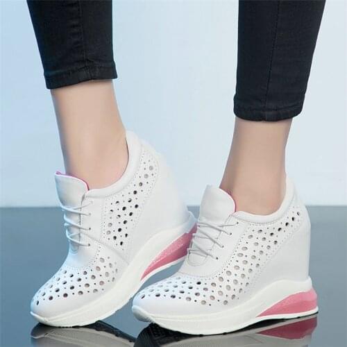 Women Cow Leather Wedges High Heel Pumps Breathable Fashion Sneakers Female Walking Trainers Girls Round Toe Summer Ankle Boots