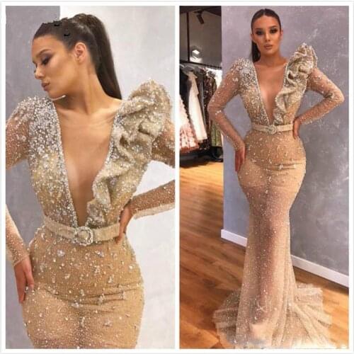 See Through Mermaid Prom Dresses Long Sleeve Deep V Neck Beaded Sexy Illusion Evening Party Gown Formal Dress 2020 Custom Made