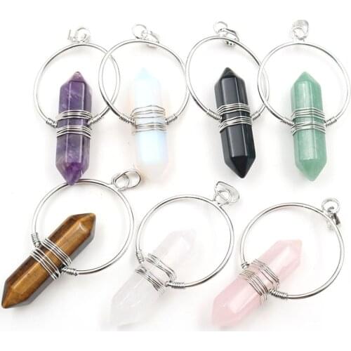 YJXP Hexagon Column Round Shape Pendants Necklaces Natural Stones Crystal Silver Plated Handmade Wire Wrap Jewelry Making 1 Pcs