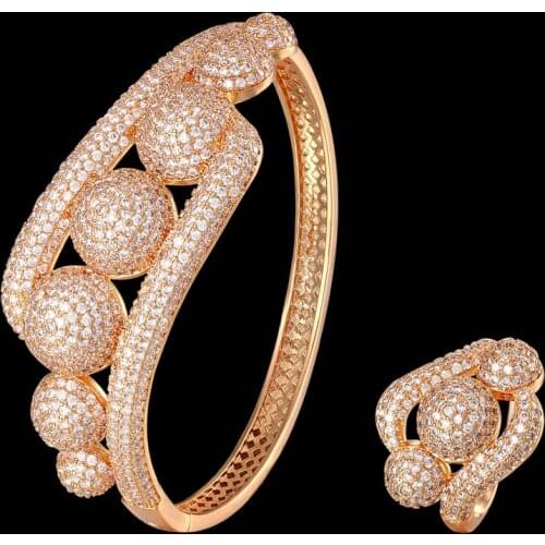 Zlxgirl jewelry full ball shape wedding bracelet bangle and ring jewelry sets perfect mirco paved zircon Dubai gold bangle sets