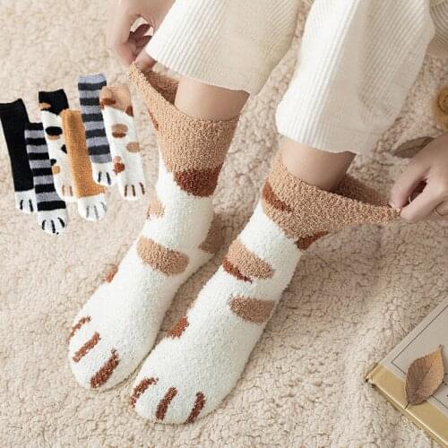 Women Fleece Socks Home Slippers Warm Sleeping Sock Cute Cat Paw Autumn Winter Thicken Floor Socks Female Girls Animal Socks